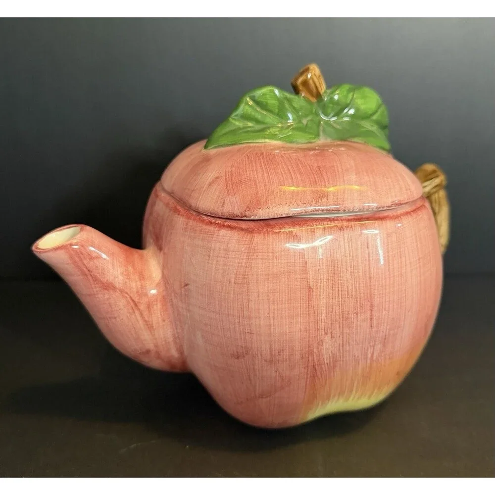 Vtg Enesco Ceramic Apple Teapot Pink Hand Painted Figural Fruit Lid Cottagecore